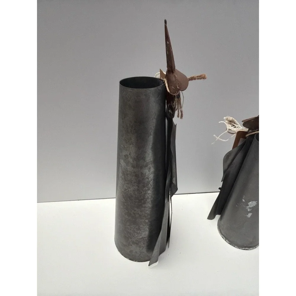 Mud Pie Set of 2 Galvanized Metal Halloween Witch Figures with Broom and‎ Cat